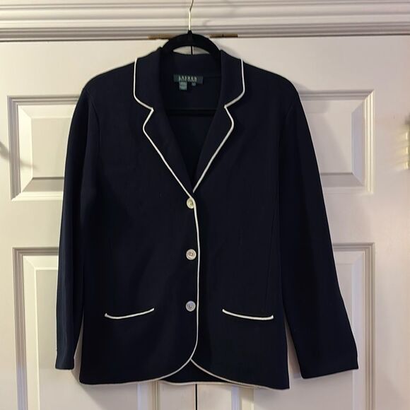 Lauren Ralph Lauren Navy Blue Blazer with white trim. - Picture 1 of 9